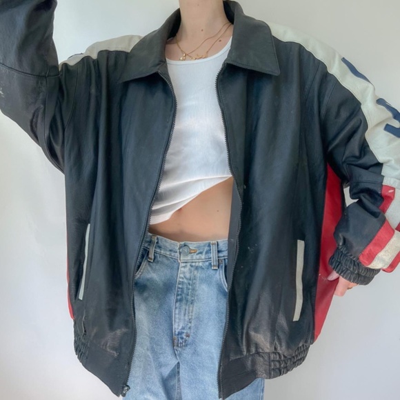 Vintage 80s/90s Black Collared Leather USA Aviator Bomber Jacket ✨ - Picture 5 of 7